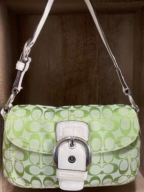 Coach Vintage Soho Shoulder Bag Green Signature Canvas White Leather Buckle